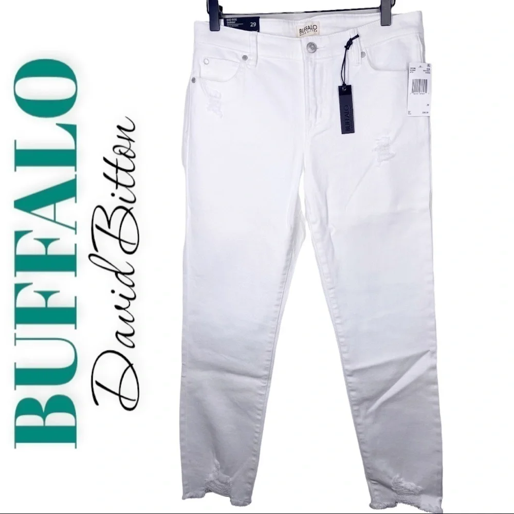 NWT‎ BUFFALO DAVID BITTON Faith White Mid Rise Skinny Jeans Frayed Hem, Size 29